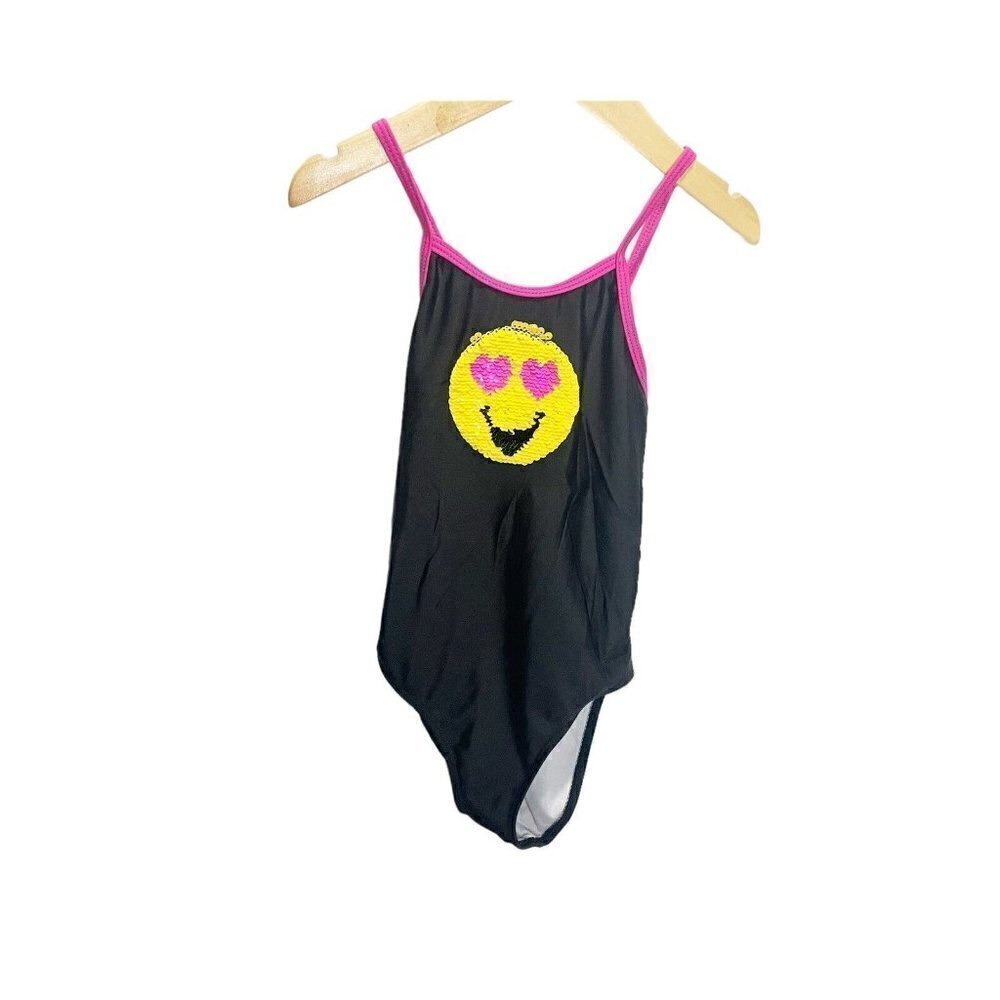 Emojination Girls One Piece Swimsuit Sequin Emoji XS Black Yellow‎ Cross Back